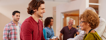 Employee talking to customers